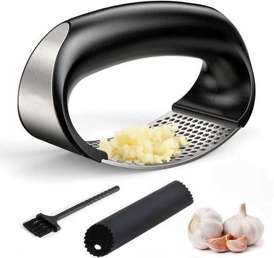 Garlic Press Rocker,New Stainless Steel Garlic Mincer Garlic Crusher Set,3-in-1 Garlic Crusher,Peeler with Cleaning Brush,Easy Squeeze Rocker Design for Smashing Garlic Kitchen Gadget