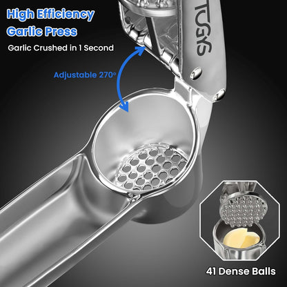 Heavy Duty Stainless Steel Garlic Press - Professional Grade Garlic Mincer & Crusher with Ergonomic Soft Grip Handle, Dishwasher Safe, Rust-Proof - Easy to Clean Kitchen Gadget for Cooking