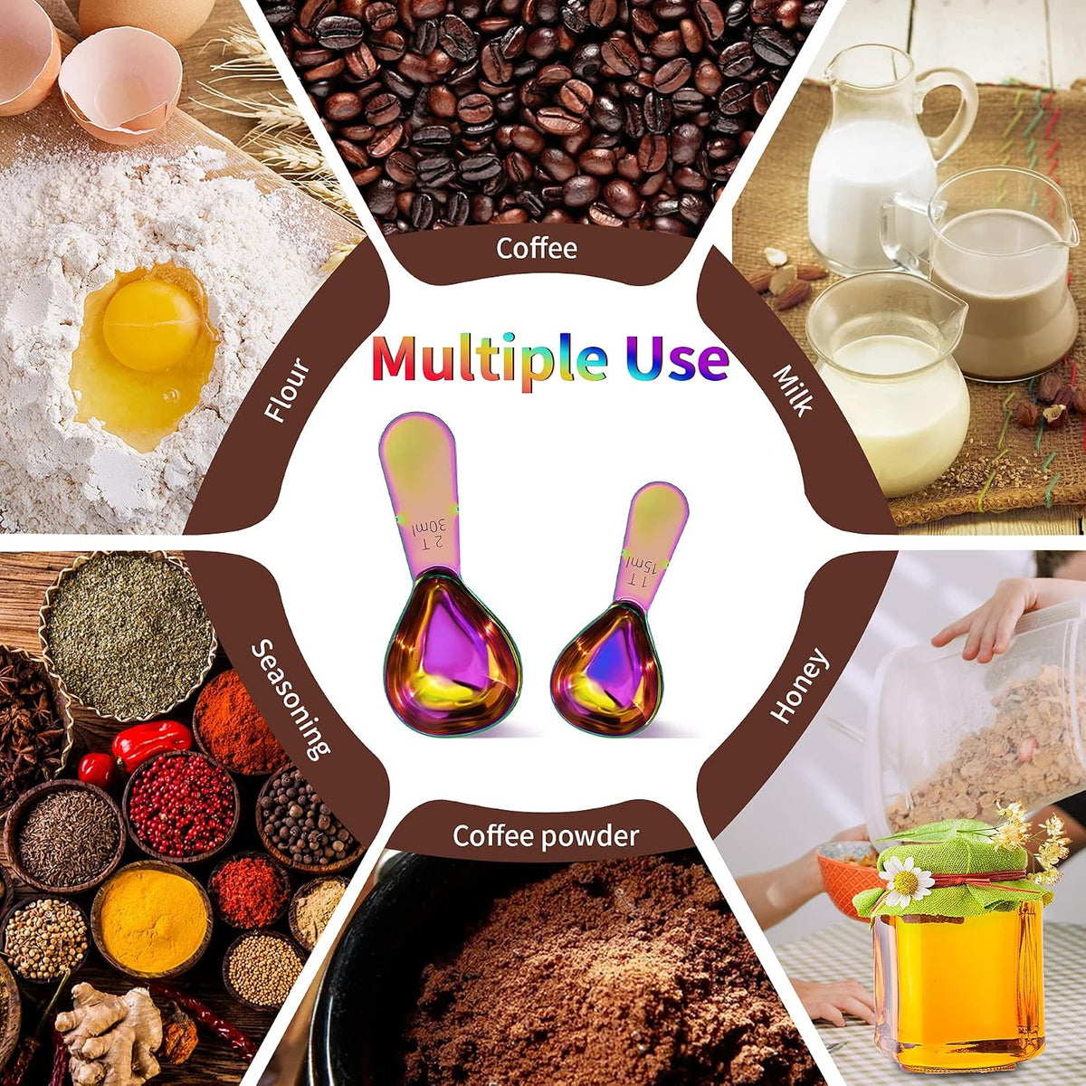 2 Pieces Stainless Steel Coffee Scoops Set(1 Tbsp,2 Tbsp)Durable Coffee Spoons with Ergonomic Handle Measuring Tablespoon for Canisters Tea Sugar Ground Coffee Whole Bean Milk Powder Flour (Colourful)