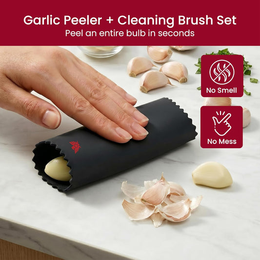 SAFI Silicone Garlic Peeler Tube Roller & Cleaning Brush Set, Garlic Skin Remover for Cloves Odor-Free Handheld Kitchen Gadget Tool Easy Clean Silicone Tube Kitchen Essentials Cooking Accessories