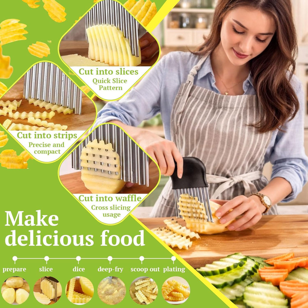 Large Crinkle Cutter Stainless Steel, French Fry Cutter for Potatoes