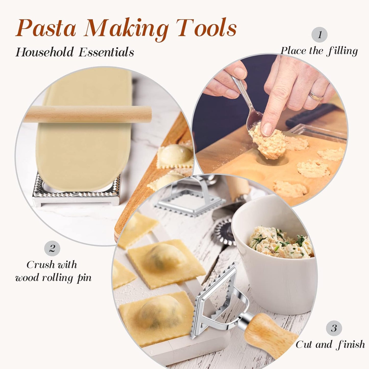 5 Pcs Ravioli Mold Set 2 Inch Square Ravioli Maker Cutter Kit with 12-Hole Raviolis Press 3 Pasta Cutter Stamps Wooden Rolling Pin Pasta Making Tool for Homemade Raviolis Home Restaurant Use