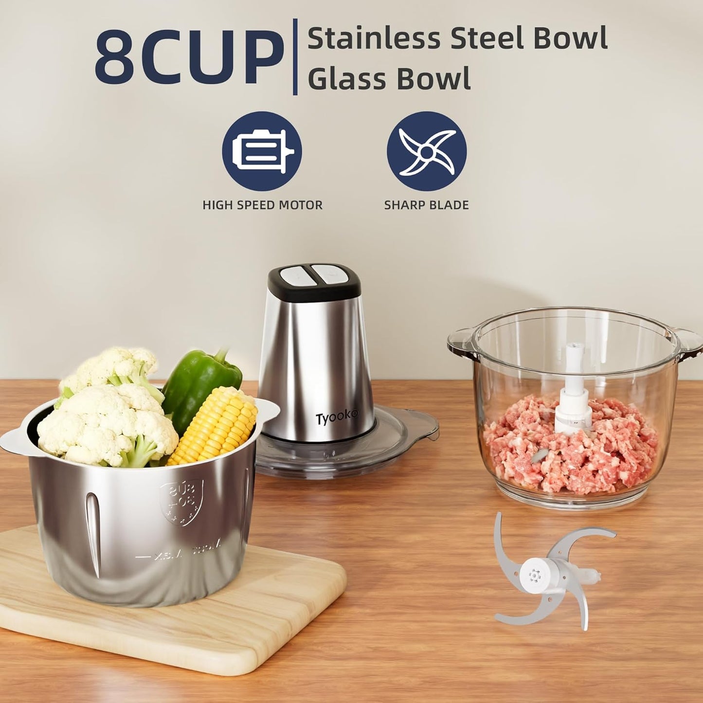 Electric Food Processor Vegetable Chopper, Easy Clean Meat Grinder with 2 Bowls (8 Cup Stainless Steel+8 Cup Glass), Small Food Mixer for Fruits/Meat/Nuts/Fish/Veggie/Pet Food/Baby Food