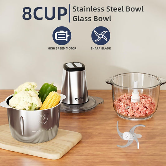 Electric Food Processor Vegetable Chopper, Easy Clean Meat Grinder with 2 Bowls (8 Cup Stainless Steel+8 Cup Glass), Small Food Mixer for Fruits/Meat/Nuts/Fish/Veggie/Pet Food/Baby Food