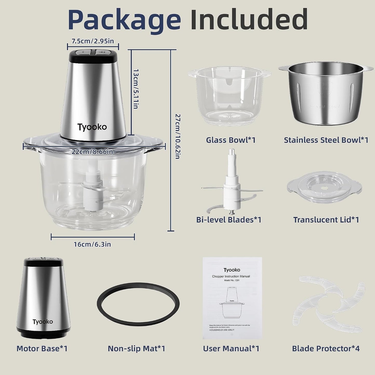Electric Food Processor Vegetable Chopper, Easy Clean Meat Grinder with 2 Bowls (8 Cup Stainless Steel+8 Cup Glass), Small Food Mixer for Fruits/Meat/Nuts/Fish/Veggie/Pet Food/Baby Food