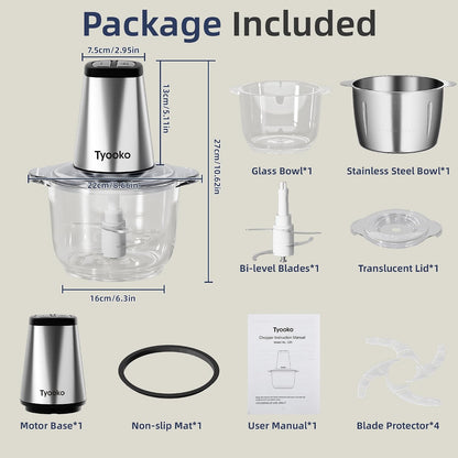 Electric Food Processor Vegetable Chopper, Easy Clean Meat Grinder with 2 Bowls (8 Cup Stainless Steel+8 Cup Glass), Small Food Mixer for Fruits/Meat/Nuts/Fish/Veggie/Pet Food/Baby Food