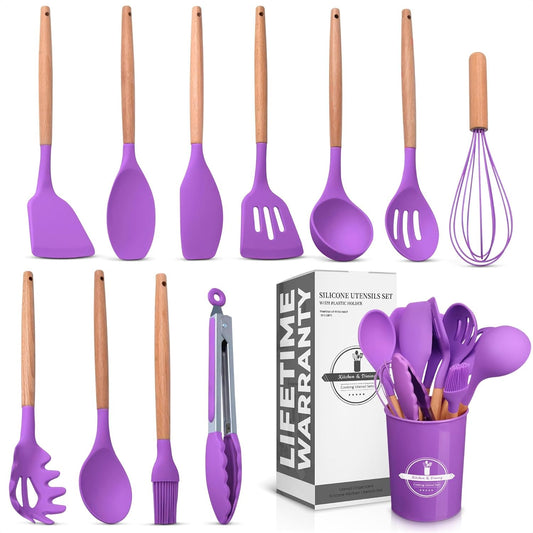 12 Pcs Purple Kitchen Accessories Set with Holder, Silicone Heads | Purple Kitchen Utensils Set for Cooking and Baking; Wooden Handles; Heat-Resistant up to 446°F; Non-Scratch for Nonstick Pans