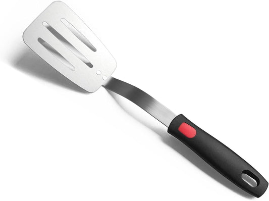 Stainless Steel Spatula, Flexible Metal Slotted Turner for Cast Iron Skillet, Thin Blade and Heat Resistant Silicone Handle, Great for Egg, Cookie, Meat, Crep, Small