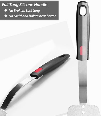 Stainless Steel Spatula, Flexible Metal Slotted Turner for Cast Iron Skillet, Thin Blade and Heat Resistant Silicone Handle, Great for Egg, Cookie, Meat, Crep, Small