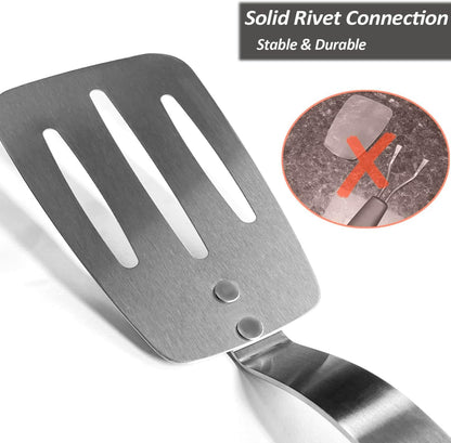 Stainless Steel Spatula, Flexible Metal Slotted Turner for Cast Iron Skillet, Thin Blade and Heat Resistant Silicone Handle, Great for Egg, Cookie, Meat, Crep, Small