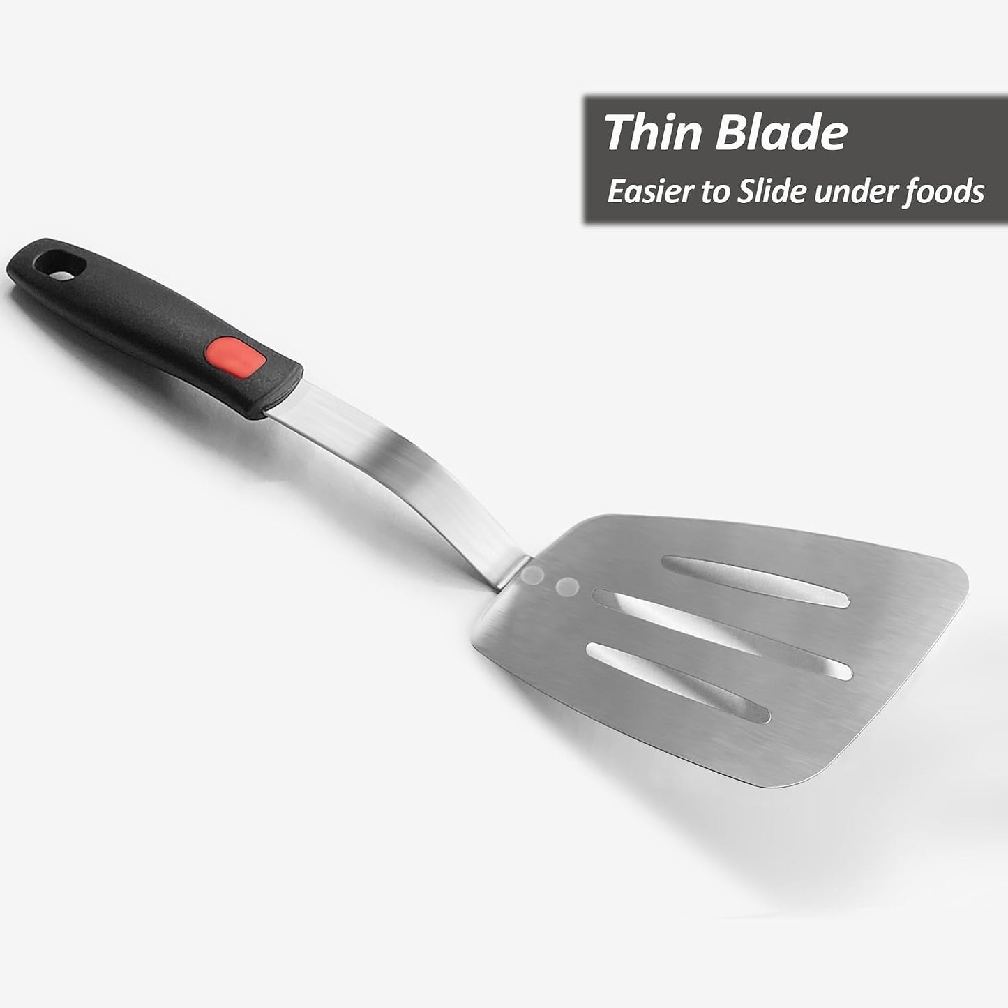 Stainless Steel Spatula, Flexible Metal Slotted Turner for Cast Iron Skillet, Thin Blade and Heat Resistant Silicone Handle, Great for Egg, Cookie, Meat, Crep, Small