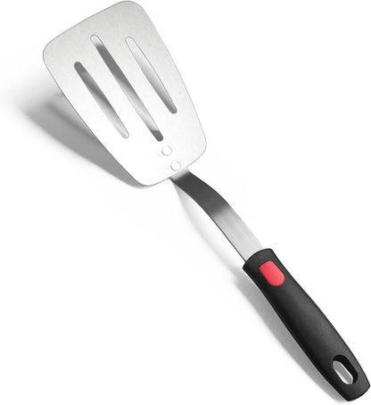 Stainless Steel Spatula, Flexible Metal Slotted Turner for Cast Iron Skillet, Thin Blade and Heat Resistant Silicone Handle, Great for Egg, Cookie, Meat, Crep, Small
