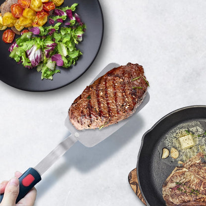 Stainless Steel Spatula, Flexible Metal Slotted Turner for Cast Iron Skillet, Thin Blade and Heat Resistant Silicone Handle, Great for Egg, Cookie, Meat, Crep, Small