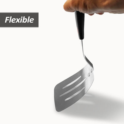 Stainless Steel Spatula, Flexible Metal Slotted Turner for Cast Iron Skillet, Thin Blade and Heat Resistant Silicone Handle, Great for Egg, Cookie, Meat, Crep, Small
