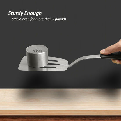 Stainless Steel Spatula, Flexible Metal Slotted Turner for Cast Iron Skillet, Thin Blade and Heat Resistant Silicone Handle, Great for Egg, Cookie, Meat, Crep, Small