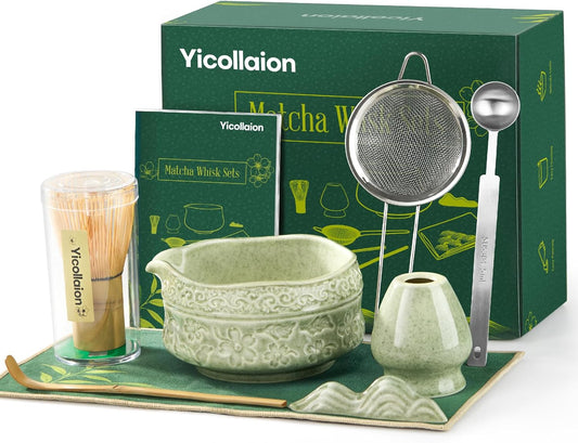 Matcha Whisk Set, 9 Pcs Matcha Set Kit for Ceremony Includes Ceramic Matcha Bowl, Holder, Bamboo Whisk & Scoop, Measuring Spoon, Scoop Rest, Sifter, Tea Towel, Handbook - Ideal Gift for Matcha Lovers