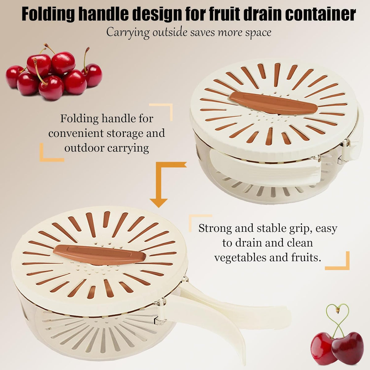 2026 New Draining Basket with Lid, Fruit Drainer Container with Handle, 2 in 1 Multi-function Drain Basket, For Rinsing Straining Vegetable Washing Fruit Portable Storage Container (Brown)