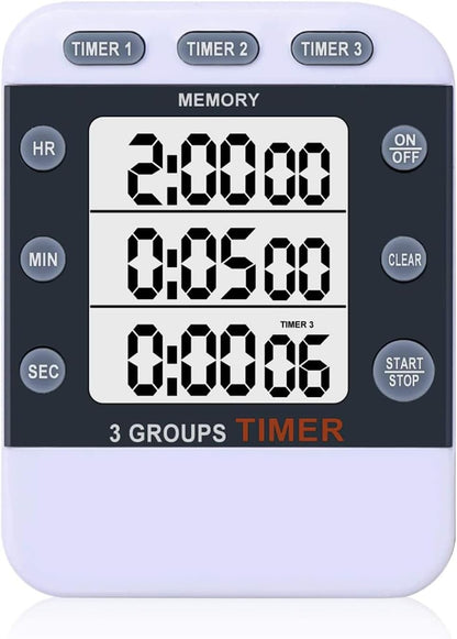 Digital Dual Kitchen Timer, Multiple Channels Countdown Timer | 3-Groups Triple Timer with Magnet-Back Memory-Preset Large Display Adjustable Volume, 3A Battery Included, Ideal for Cooking