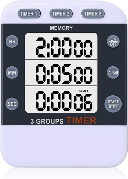 Digital Dual Kitchen Timer, Multiple Channels Countdown Timer | 3-Groups Triple Timer with Magnet-Back Memory-Preset Large Display Adjustable Volume, 3A Battery Included, Ideal for Cooking