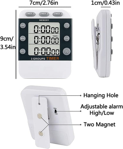 Digital Dual Kitchen Timer, Multiple Channels Countdown Timer | 3-Groups Triple Timer with Magnet-Back Memory-Preset Large Display Adjustable Volume, 3A Battery Included, Ideal for Cooking