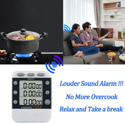 Digital Dual Kitchen Timer, Multiple Channels Countdown Timer | 3-Groups Triple Timer with Magnet-Back Memory-Preset Large Display Adjustable Volume, 3A Battery Included, Ideal for Cooking