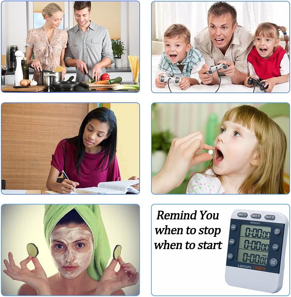 Digital Dual Kitchen Timer, Multiple Channels Countdown Timer | 3-Groups Triple Timer with Magnet-Back Memory-Preset Large Display Adjustable Volume, 3A Battery Included, Ideal for Cooking