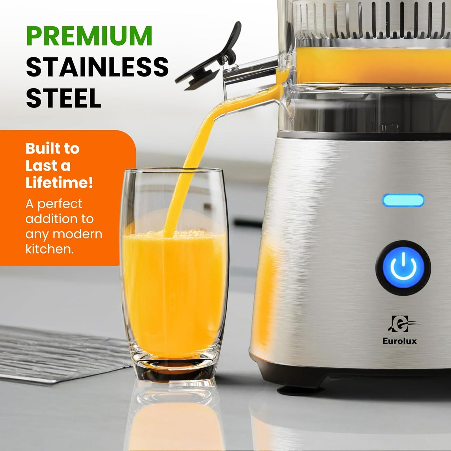 Electric Citrus Juicer Stainless Steel | Premium Hands-Free One-Touch Orange Juice Squeezer for Oranges, Lemons, and Limes | Quiet Operation, Easy to Clean, Countertop Small Kitchen Appliance