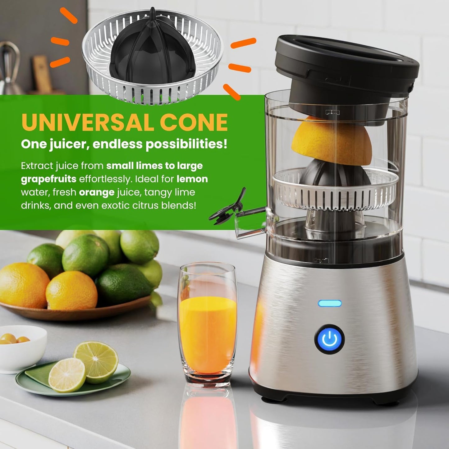 Electric Citrus Juicer Stainless Steel | Premium Hands-Free One-Touch Orange Juice Squeezer for Oranges, Lemons, and Limes | Quiet Operation, Easy to Clean, Countertop Small Kitchen Appliance