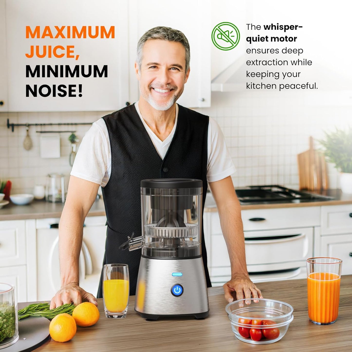 Electric Citrus Juicer Stainless Steel | Premium Hands-Free One-Touch Orange Juice Squeezer for Oranges, Lemons, and Limes | Quiet Operation, Easy to Clean, Countertop Small Kitchen Appliance