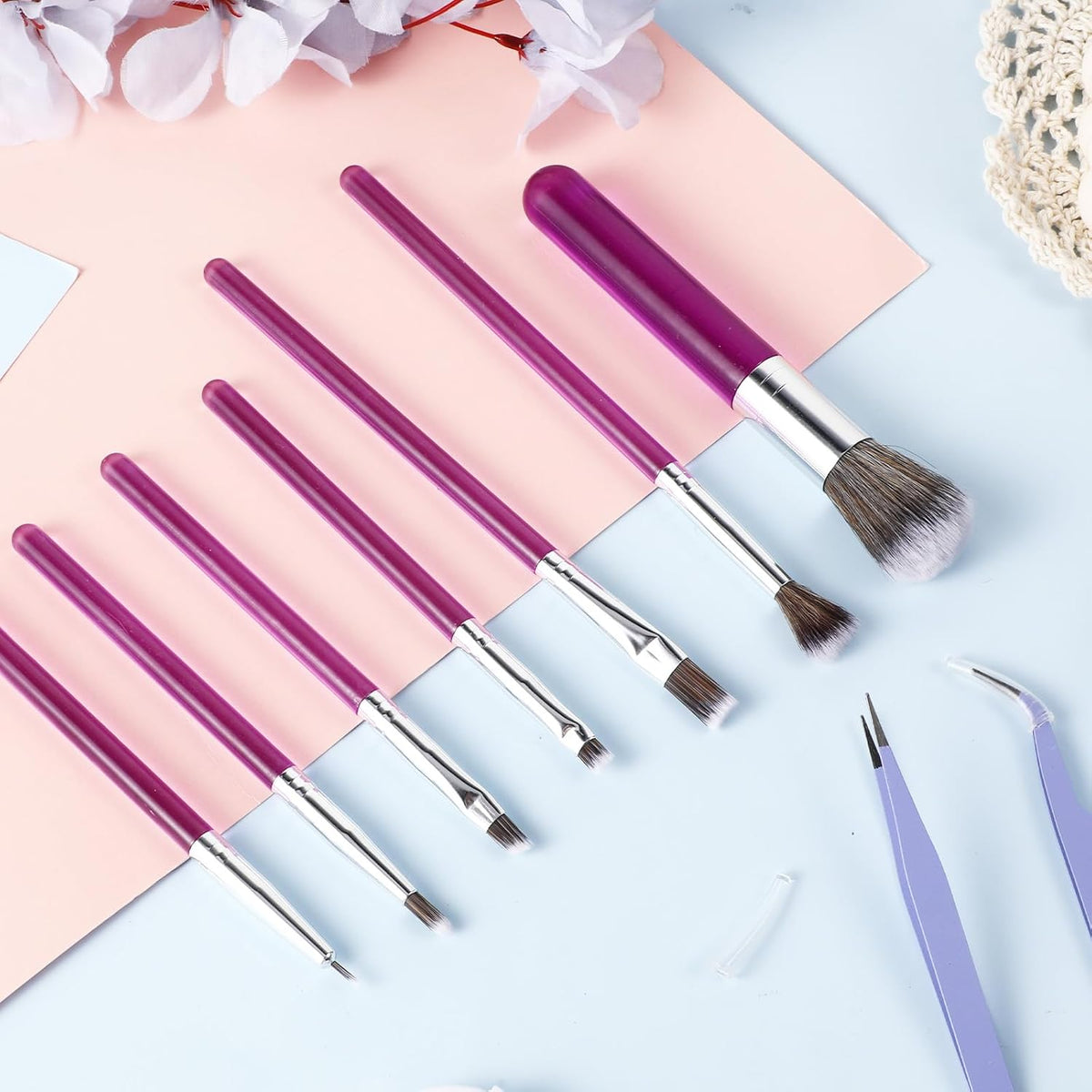 9Pcs Food Paint Brushes Pastry Brush, Cake Candy Decorating Brushes, Baking Fondant Cookie Decoration Brush Tools with Stainless Steel Straight Curved Tip Tweezers (Purple)