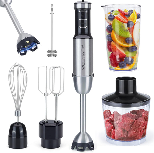 Immersion Blender Handheld, 6 in 1 Hand Blender Stainless Steel | 12 Speed, Whisk, Chopper, Beaker, Beaters, Milk Frother, mini food processor, smoothie blender, dishwasher safe
