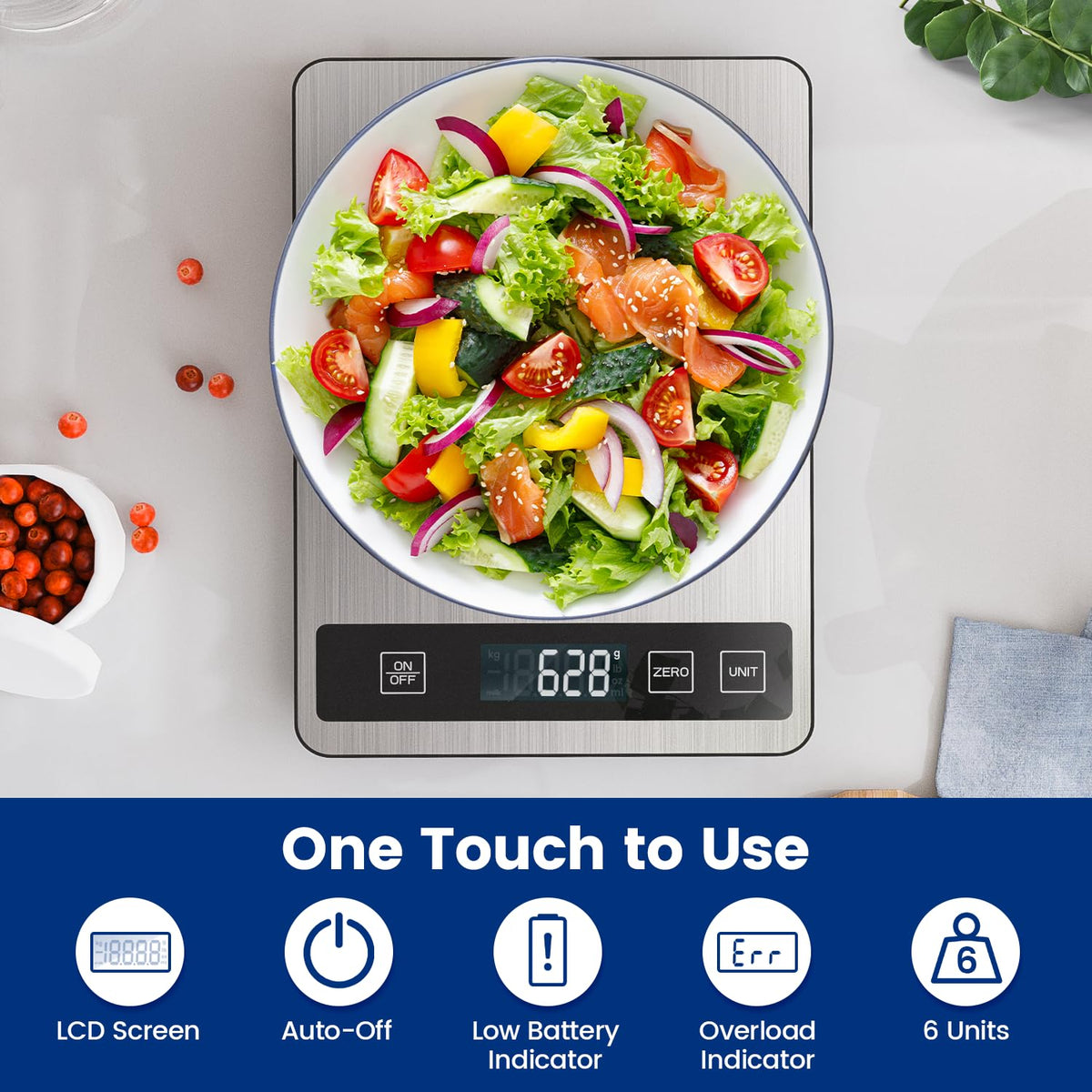 【33 lb & USB Rechargeable】 Digital Kitchen Food Scale Kitchen Scale, Stainless Steel Digital Weight Grams and Oz, Baking and Cooking, 0.1oz/1g Precise, 6 Weight Units (B1)