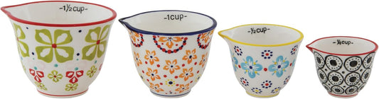 Floral Hand Stamped Stoneware Measuring Cups (Set of 4 Sizes/Designs)