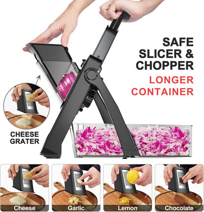 SupMaKin 8 IN 1 Upgraded Safe Mandoline Slicer,Multi Vegetable Chopper,Potato Slicer, Onion Chopper with Drain Basket Storage Container, Cheese Grater Kitchen Chopping Artifact (Black)