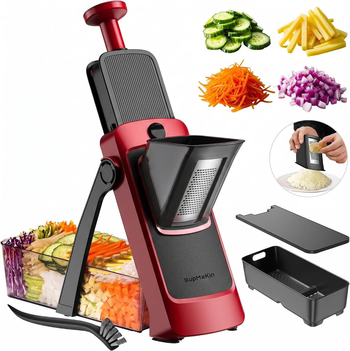 SupMaKin 8 IN 1 Upgraded Safe Mandoline Slicer,Multi Vegetable Chopper,Potato Slicer, Onion Chopper with Drain Basket Storage Container, Cheese Grater Kitchen Chopping Artifact (Black)