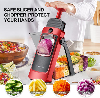 SupMaKin 8 IN 1 Upgraded Safe Mandoline Slicer,Multi Vegetable Chopper,Potato Slicer, Onion Chopper with Drain Basket Storage Container, Cheese Grater Kitchen Chopping Artifact (Black)
