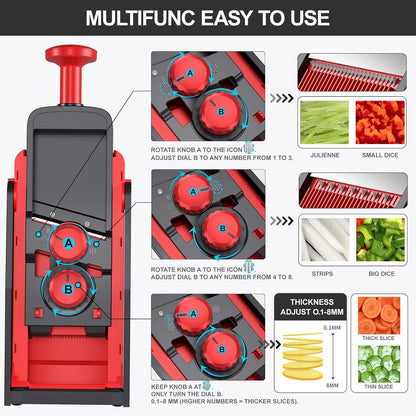 SupMaKin 8 IN 1 Upgraded Safe Mandoline Slicer,Multi Vegetable Chopper,Potato Slicer, Onion Chopper with Drain Basket Storage Container, Cheese Grater Kitchen Chopping Artifact (Black)