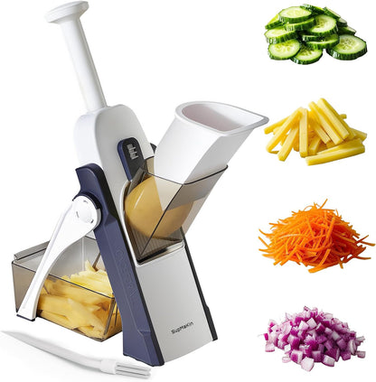 SupMaKin 8 IN 1 Upgraded Safe Mandoline Slicer,Multi Vegetable Chopper,Potato Slicer, Onion Chopper with Drain Basket Storage Container, Cheese Grater Kitchen Chopping Artifact (Black)