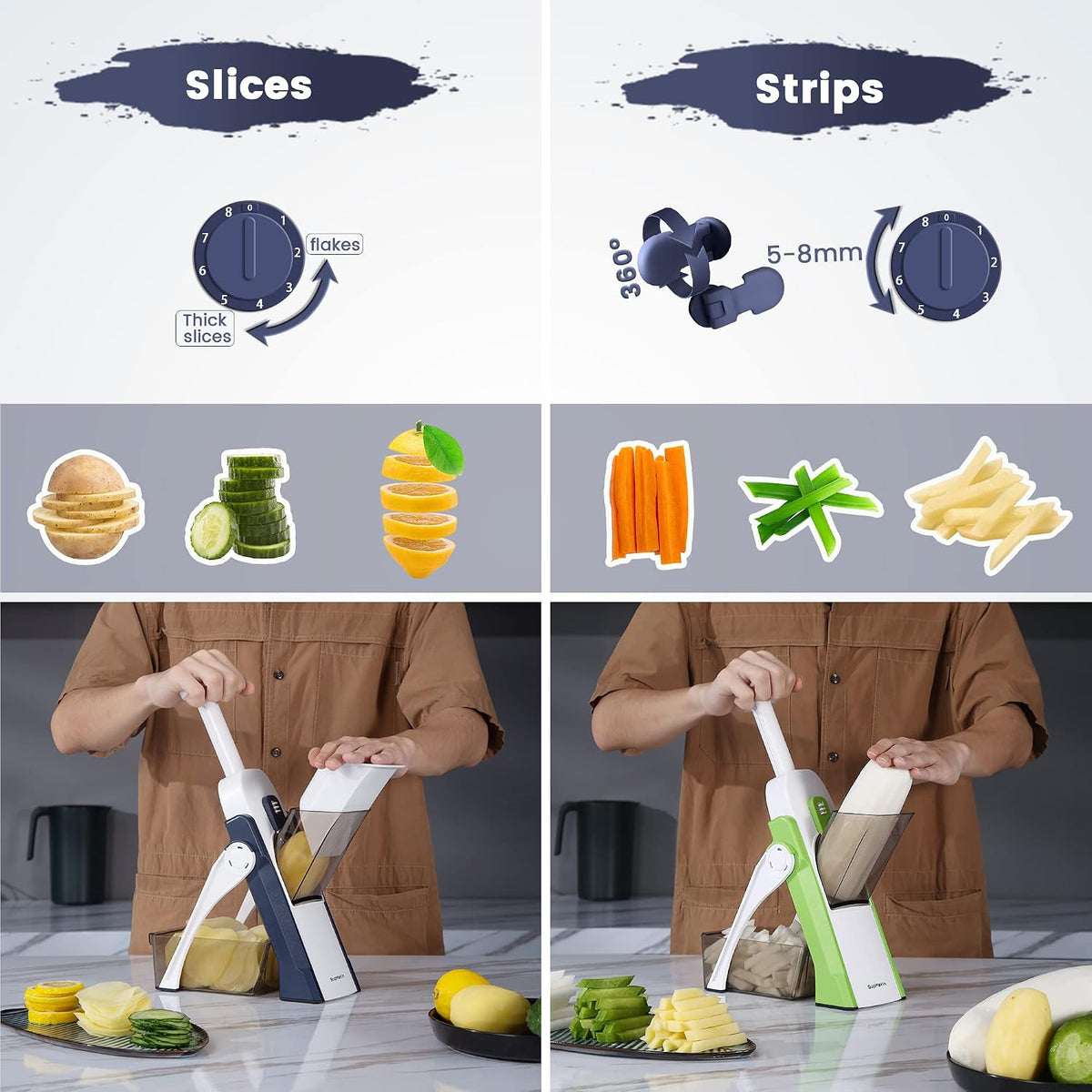 SupMaKin 8 IN 1 Upgraded Safe Mandoline Slicer,Multi Vegetable Chopper,Potato Slicer, Onion Chopper with Drain Basket Storage Container, Cheese Grater Kitchen Chopping Artifact (Black)