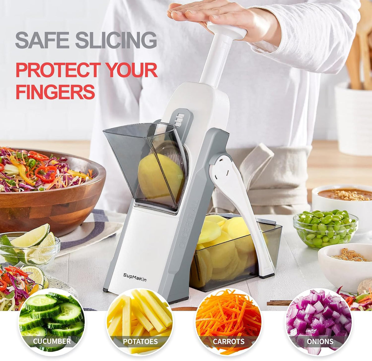 SupMaKin 8 IN 1 Upgraded Safe Mandoline Slicer,Multi Vegetable Chopper,Potato Slicer, Onion Chopper with Drain Basket Storage Container, Cheese Grater Kitchen Chopping Artifact (Black)
