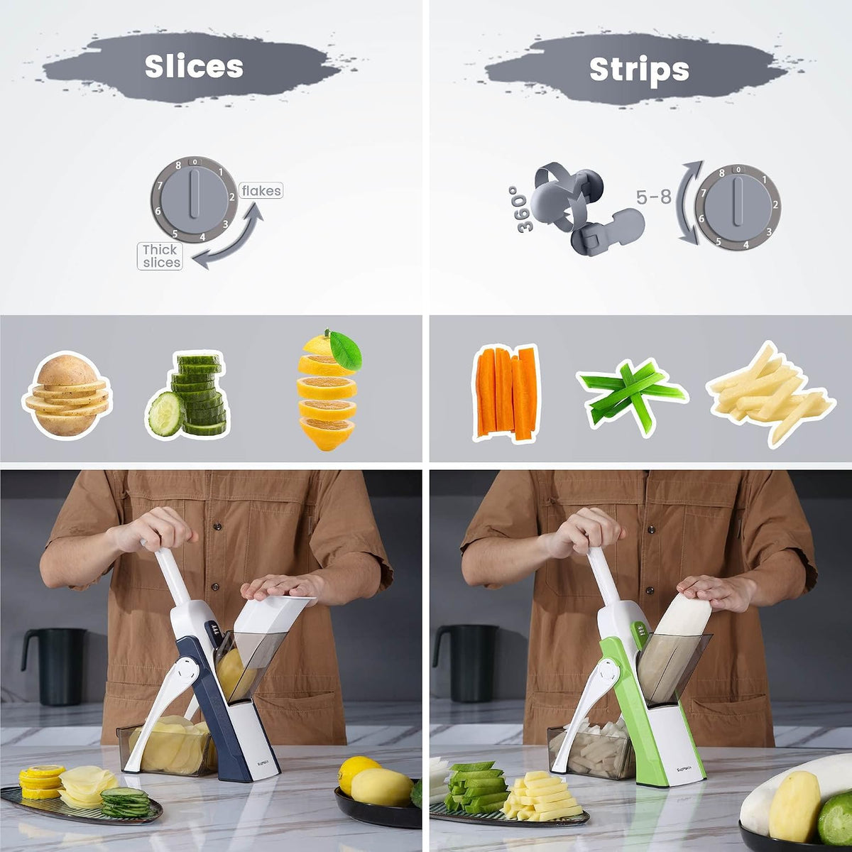 SupMaKin 8 IN 1 Upgraded Safe Mandoline Slicer,Multi Vegetable Chopper,Potato Slicer, Onion Chopper with Drain Basket Storage Container, Cheese Grater Kitchen Chopping Artifact (Black)