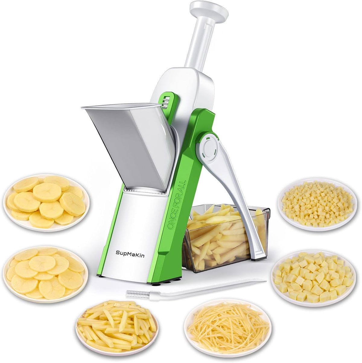 SupMaKin 8 IN 1 Upgraded Safe Mandoline Slicer,Multi Vegetable Chopper,Potato Slicer, Onion Chopper with Drain Basket Storage Container, Cheese Grater Kitchen Chopping Artifact (Black)