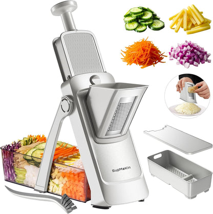 SupMaKin 8 IN 1 Upgraded Safe Mandoline Slicer,Multi Vegetable Chopper,Potato Slicer, Onion Chopper with Drain Basket Storage Container, Cheese Grater Kitchen Chopping Artifact (Black)