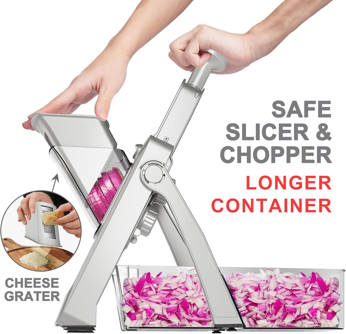 SupMaKin 8 IN 1 Upgraded Safe Mandoline Slicer,Multi Vegetable Chopper,Potato Slicer, Onion Chopper with Drain Basket Storage Container, Cheese Grater Kitchen Chopping Artifact (Black)