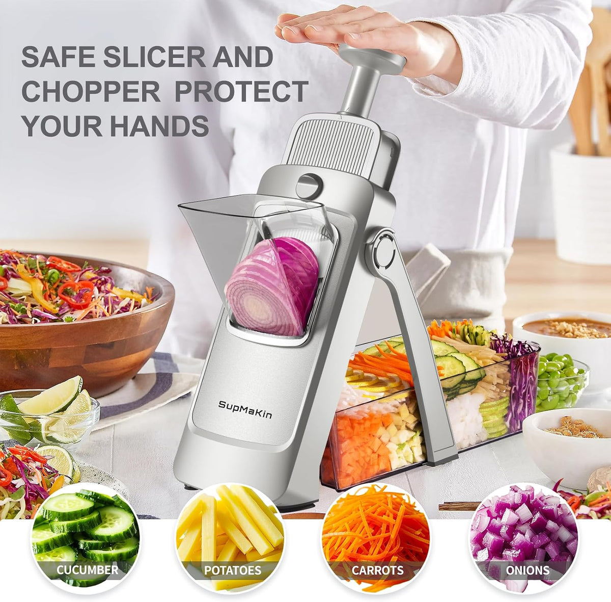 SupMaKin 8 IN 1 Upgraded Safe Mandoline Slicer,Multi Vegetable Chopper,Potato Slicer, Onion Chopper with Drain Basket Storage Container, Cheese Grater Kitchen Chopping Artifact (Black)