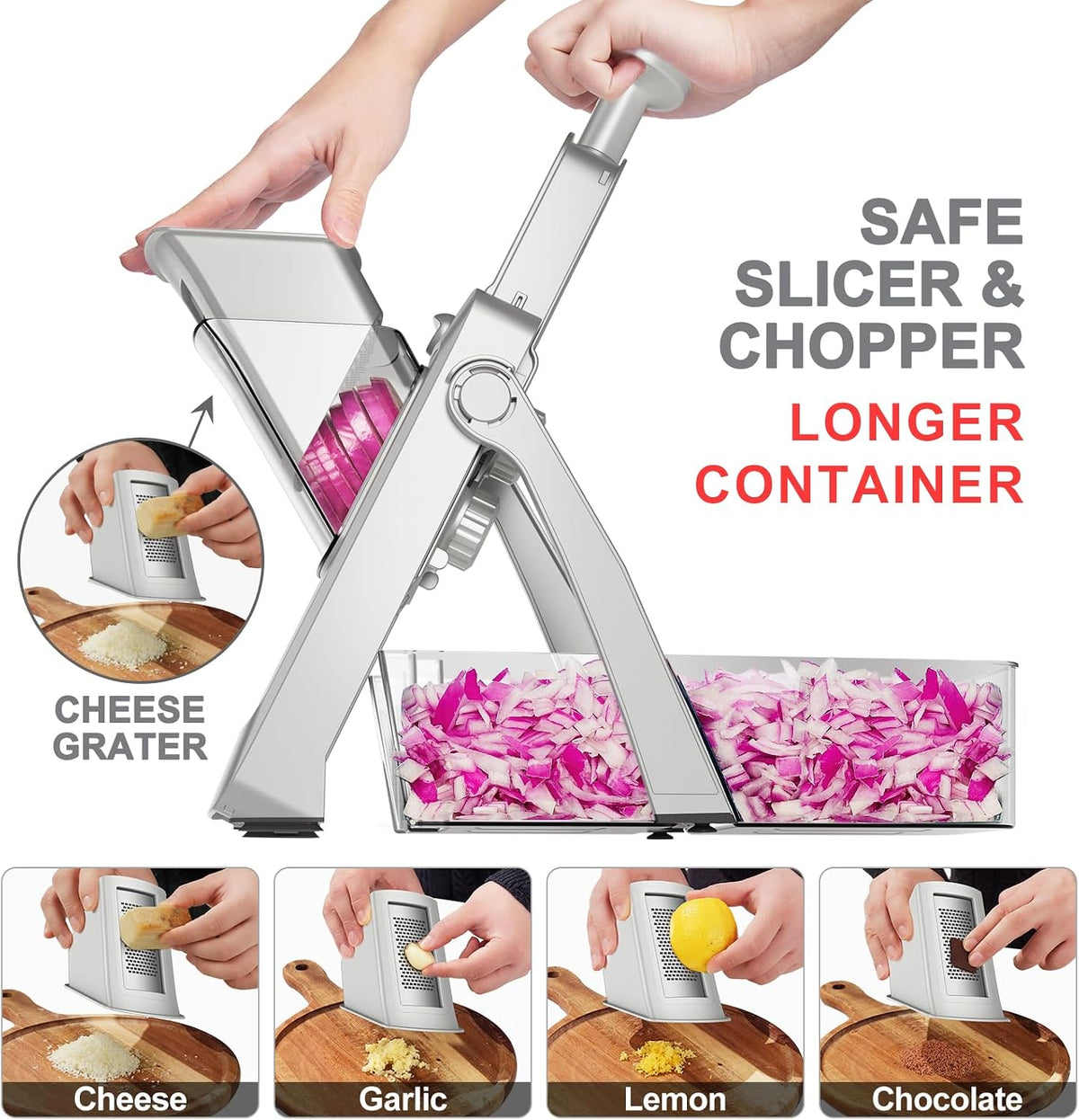 SupMaKin 8 IN 1 Upgraded Safe Mandoline Slicer,Multi Vegetable Chopper,Potato Slicer, Onion Chopper with Drain Basket Storage Container, Cheese Grater Kitchen Chopping Artifact (Black)