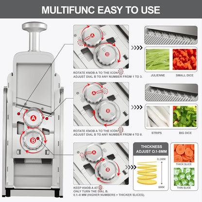 SupMaKin 8 IN 1 Upgraded Safe Mandoline Slicer,Multi Vegetable Chopper,Potato Slicer, Onion Chopper with Drain Basket Storage Container, Cheese Grater Kitchen Chopping Artifact (Black)