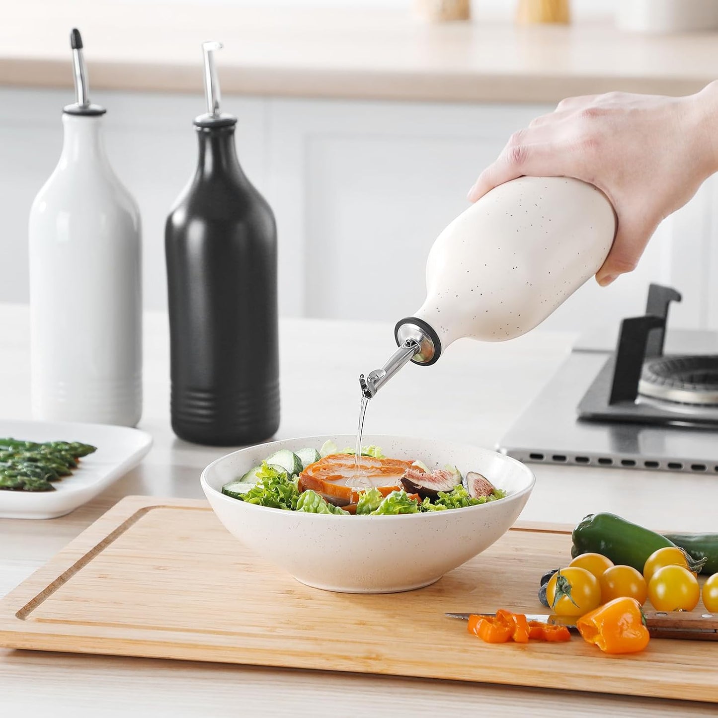 20 Oz Ceramic Olive Oil Dispenser Bottle, Oil and Vinegar, Cream | Drip Free Spout and Airtight Seal, Handcrafted Ceramic with Unique Rustic Design, Versatile for Oil, Vinegar, and Dressings