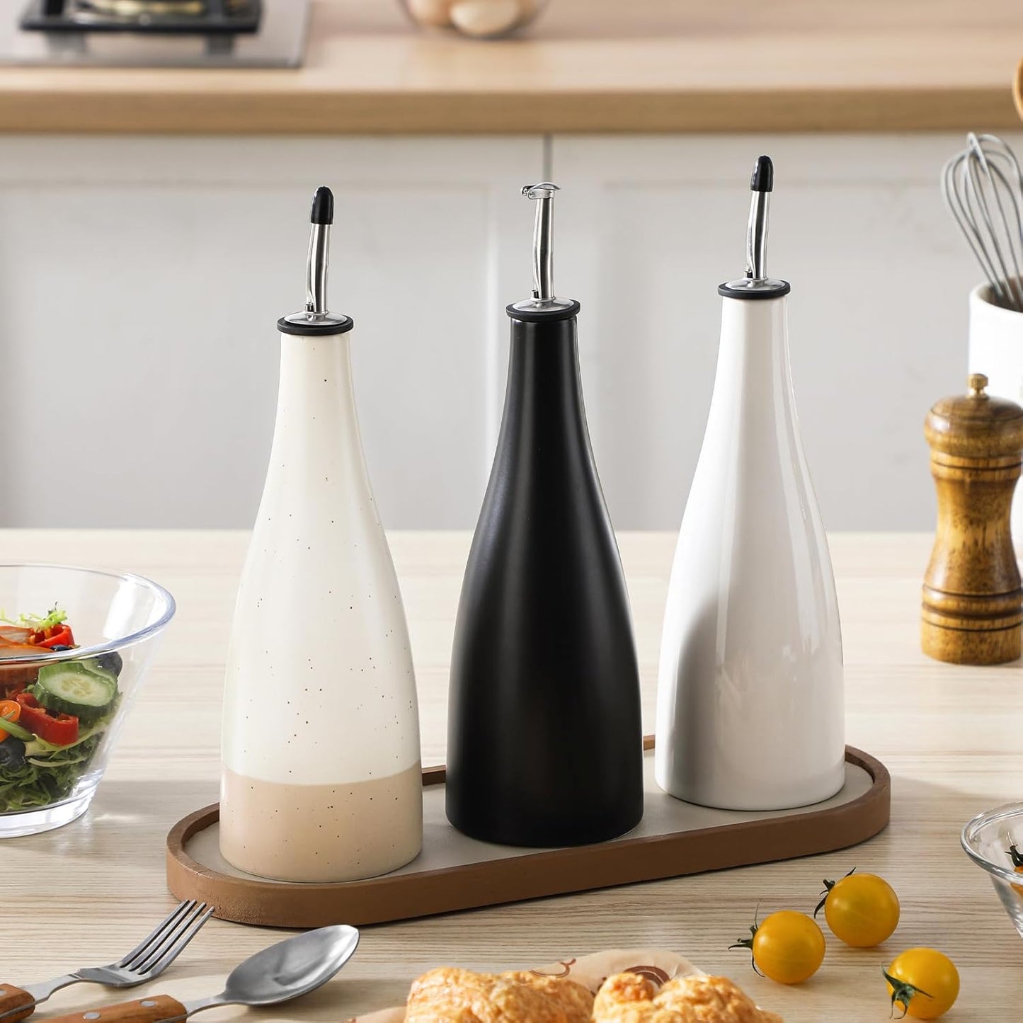 20 Oz Ceramic Olive Oil Dispenser Bottle, Oil and Vinegar, Cream | Drip Free Spout and Airtight Seal, Handcrafted Ceramic with Unique Rustic Design, Versatile for Oil, Vinegar, and Dressings