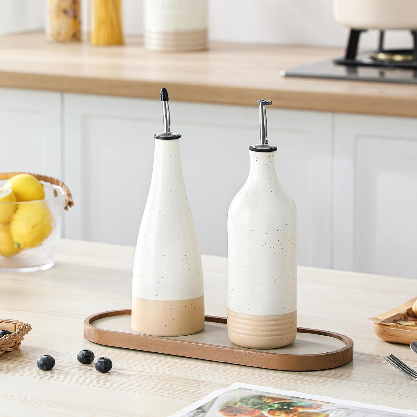 20 Oz Ceramic Olive Oil Dispenser Bottle, Oil and Vinegar, Cream | Drip Free Spout and Airtight Seal, Handcrafted Ceramic with Unique Rustic Design, Versatile for Oil, Vinegar, and Dressings